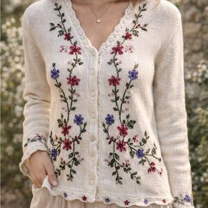 Yarnworks Embroidered Floral Cardigan Cottagecore Boho Knit Sweater Large granny